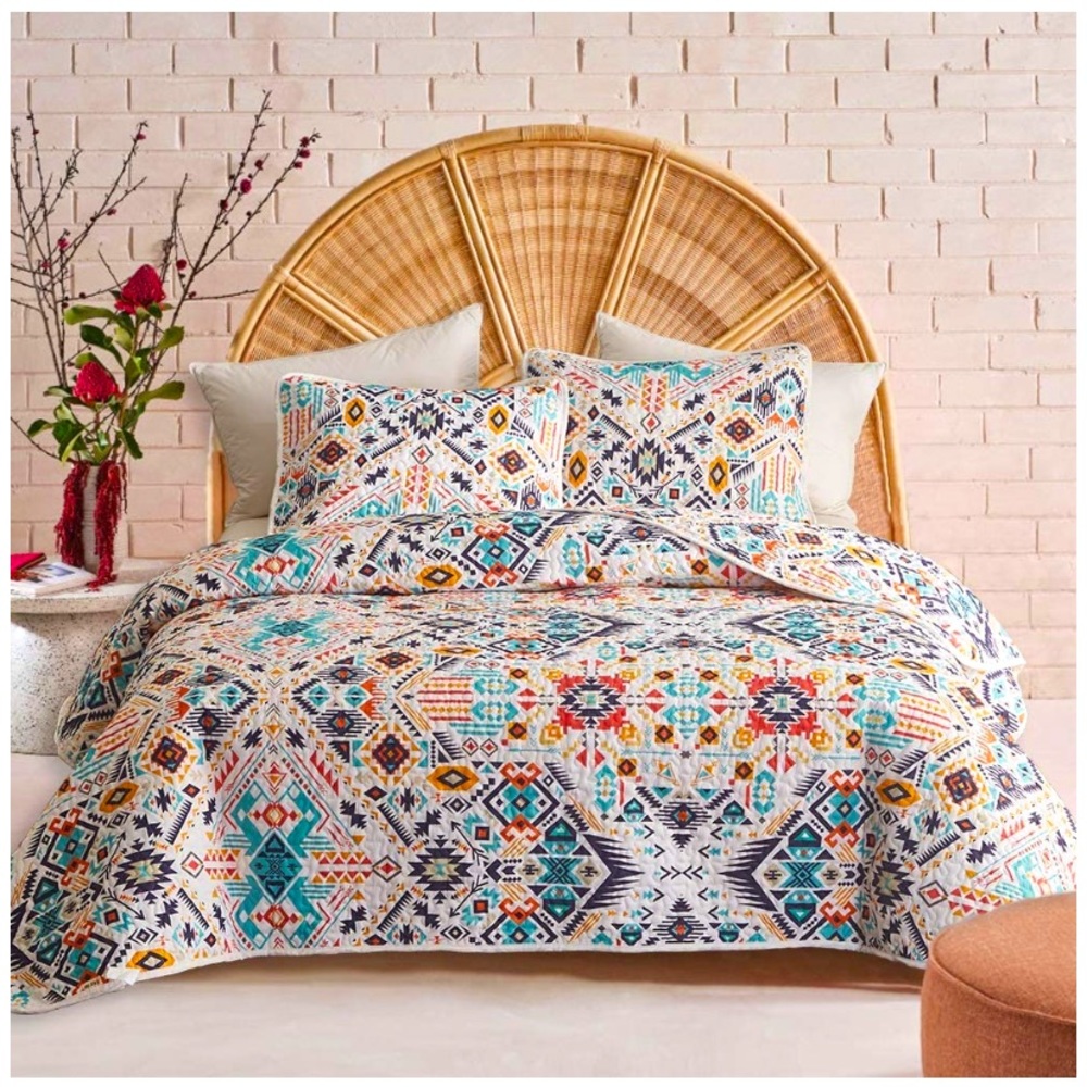 geometric print quilt and shams